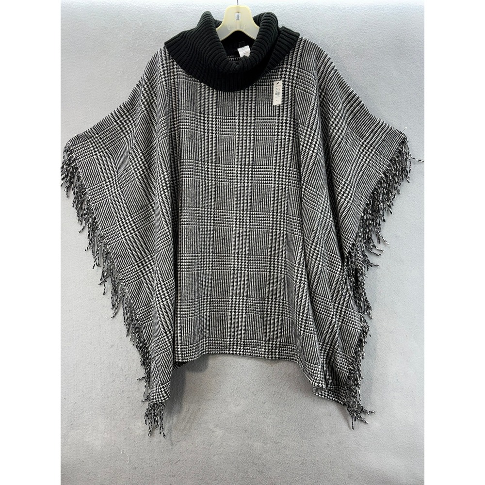 NWT Talbots Poncho Women ML Black‎ White Glen Plaid Fringe Turtleneck Wool Blend
